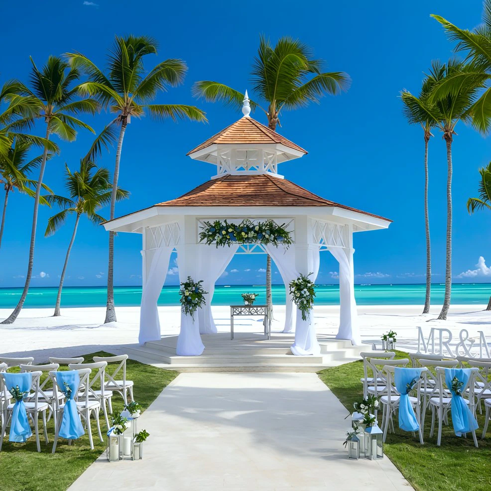Elegant beachfront wedding gazebo overlooking turquoise Caribbean waters at Hyatt Zilara Cap Cana.