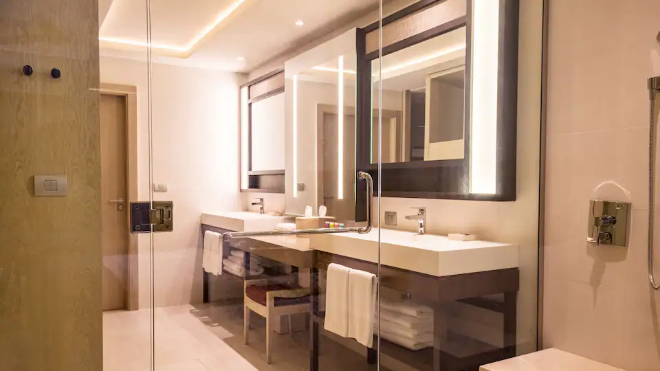 Modern double vanity bathroom in the Junior Suite Double at Hyatt Zilara Cap Cana.