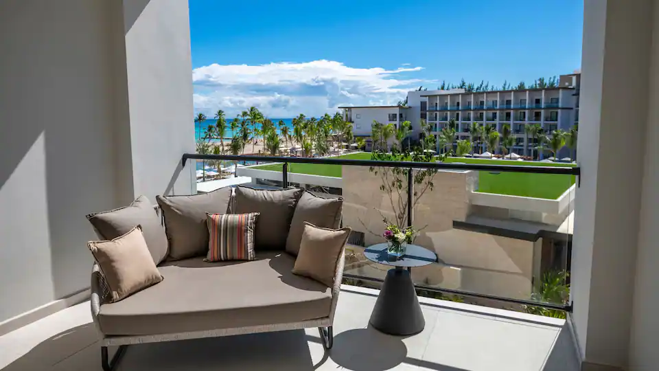 Private balcony with ocean views from the Ocean View Junior Suite King at Hyatt Zilara Cap Cana.